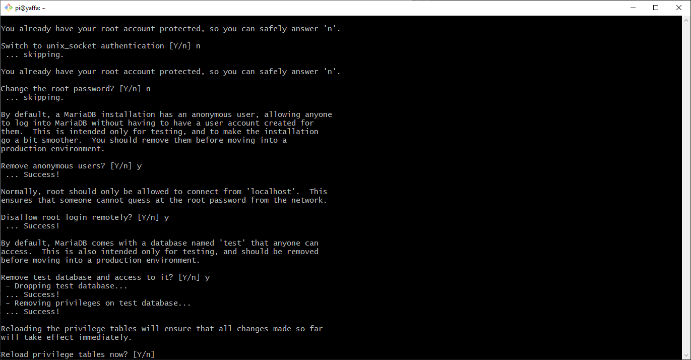 Screenshot of MariaDB secure installation script