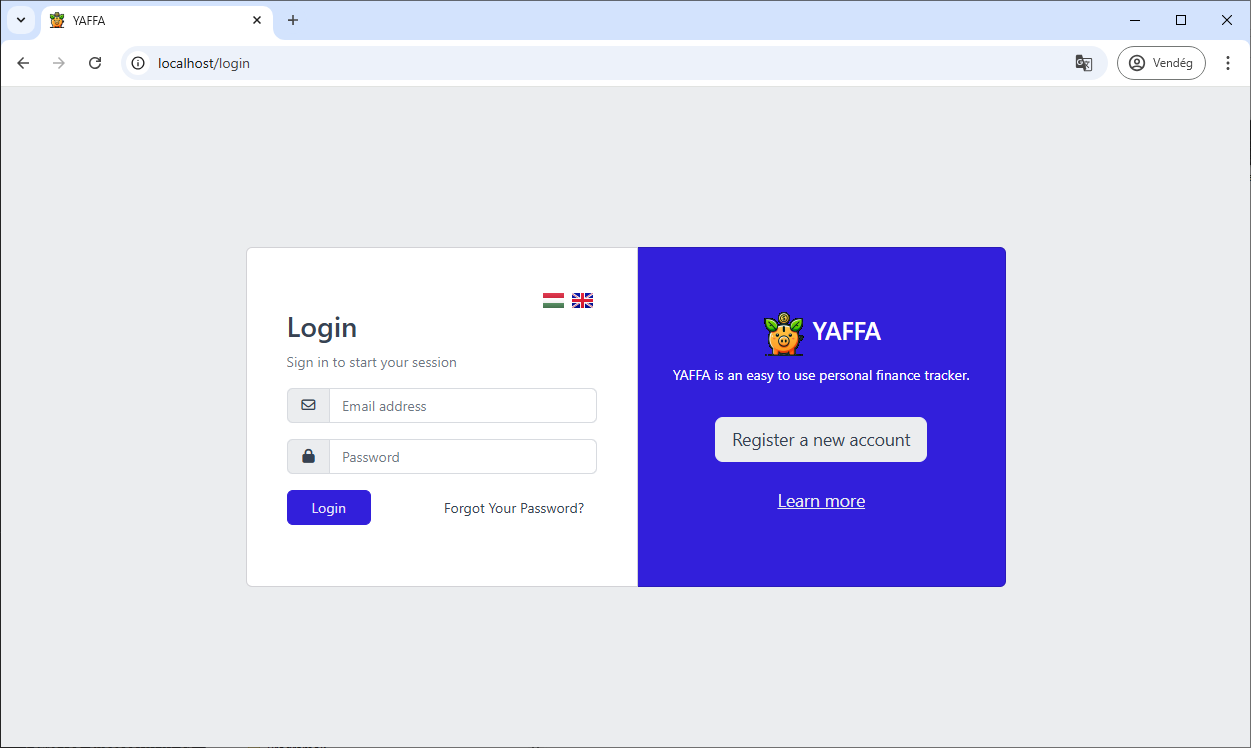 Screenshot of YAFFA login page