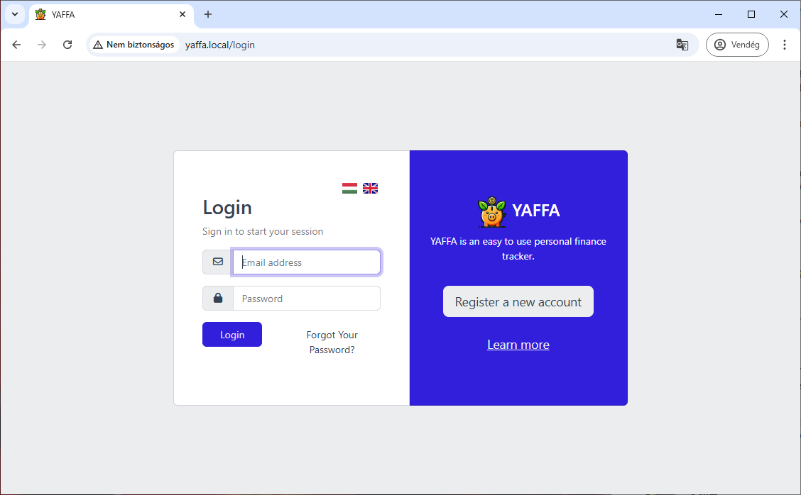 Screenshot of the YAFFA login screen