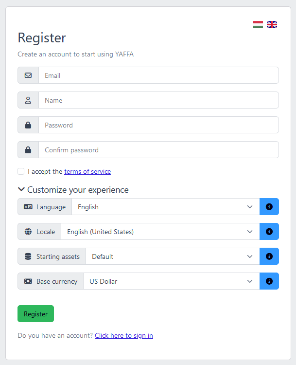 Screenshot of the registration form