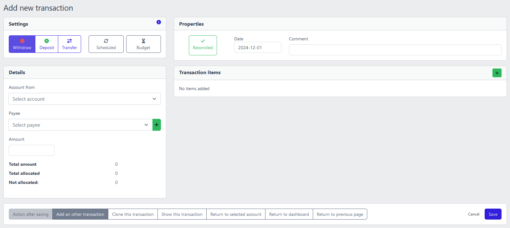 Screenshot of the standard transaction form with a withdrawal transaction