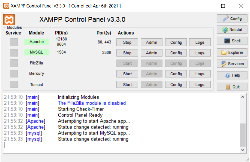 Screenshot of XAMPP control panel