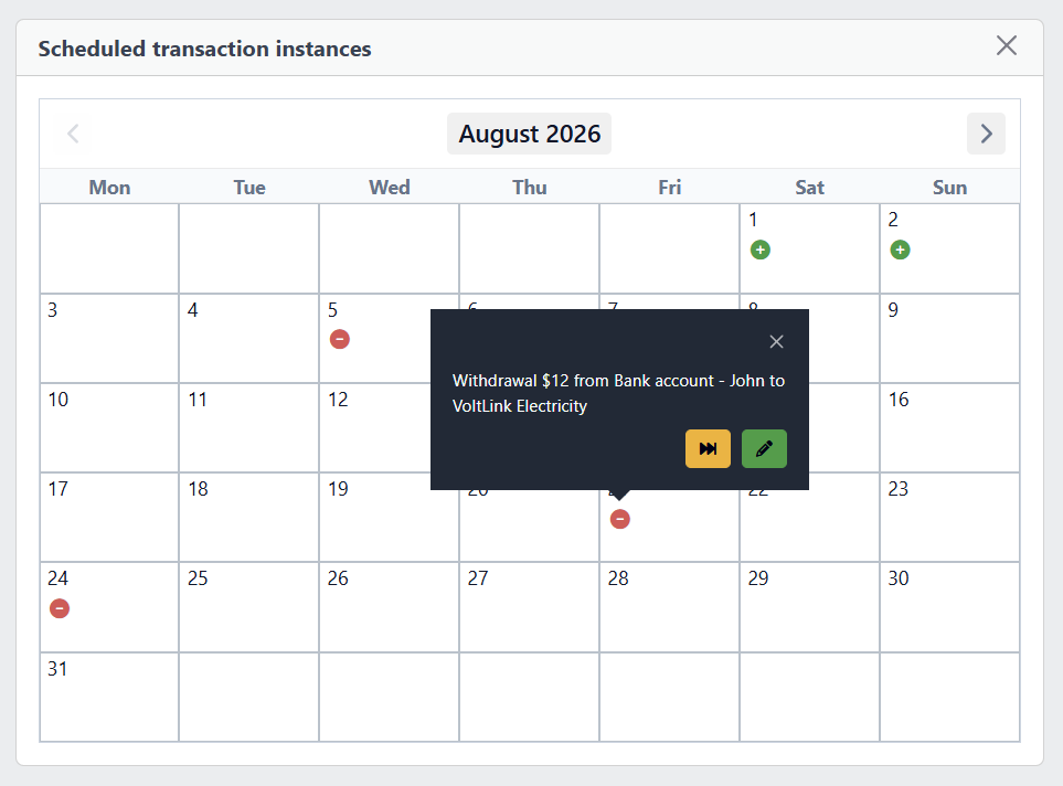 Screenshot of the scheduled transaction calendar widget on the YAFFA dashboard