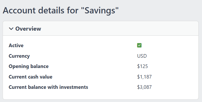 Screenshot of an individual account summary in YAFFA, showing balance history and recent transactions