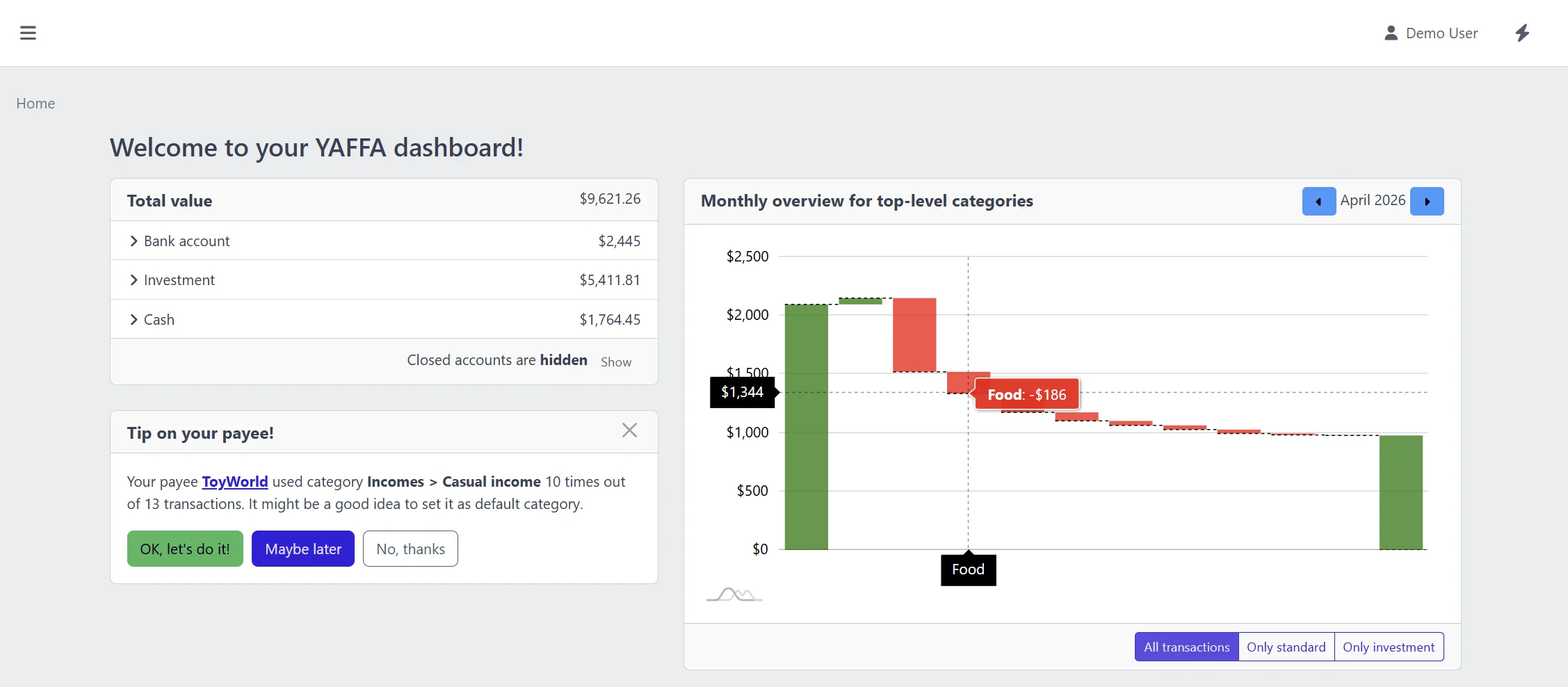 YAFFA personal finance dashboard screenshot