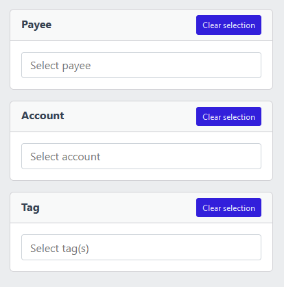 Screenshot of YAFFA personal finance application showing a filtered transaction list