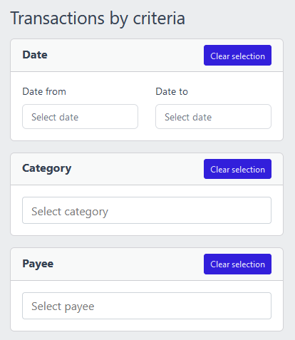 Screenshot of YAFFA personal finance application showing transaction search and filter options