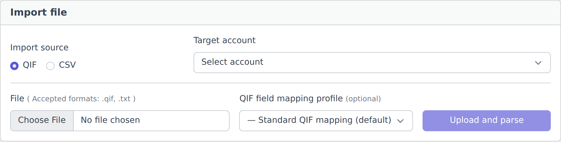 Screenshot of the YAFFA import transactions screen, showing QIF and CSV source options, a target account selector, and a file upload control