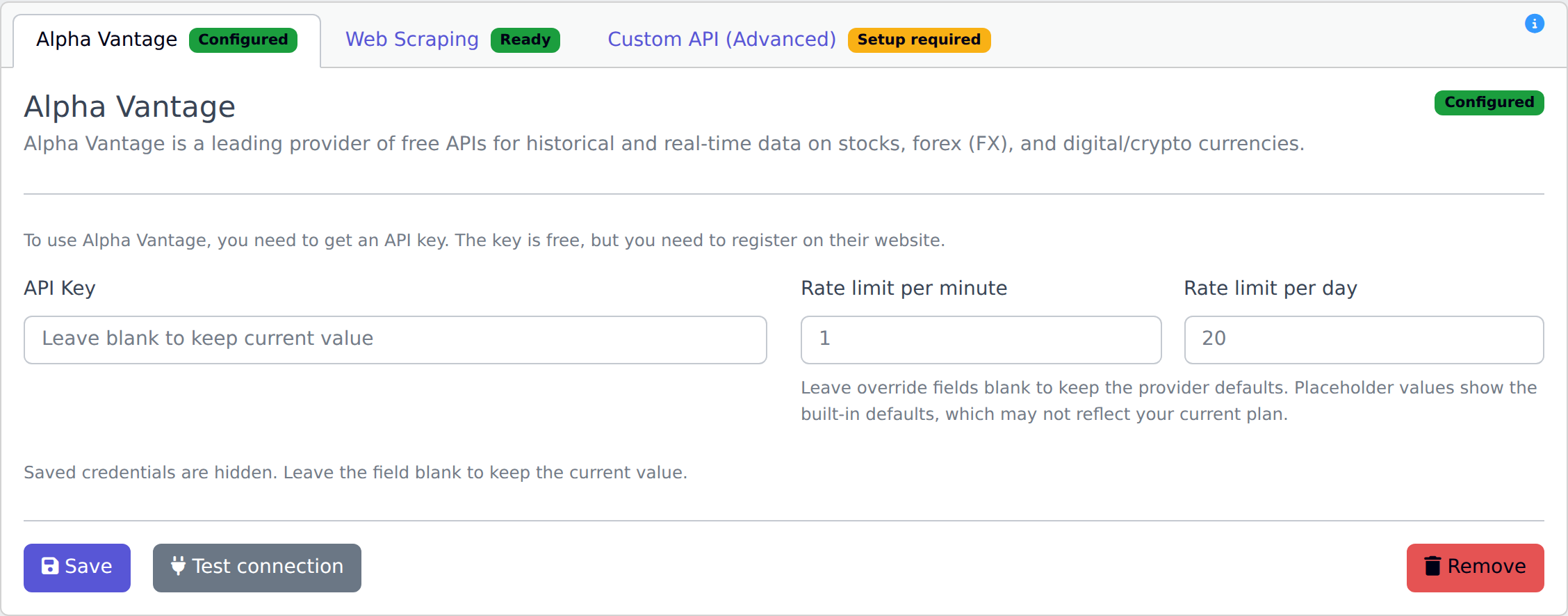 Screenshot of YAFFA's investment provider settings, showing the Alpha Vantage tab configured with an API key and rate limits, alongside Web Scraping and Custom API options