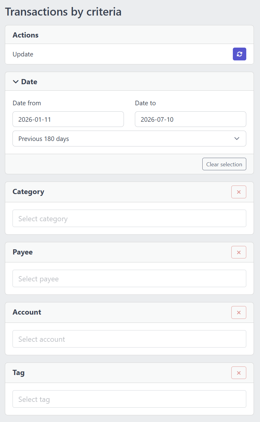 Screenshot of the YAFFA find transactions filter sidebar with date range, category, payee, account, and tag selectors
